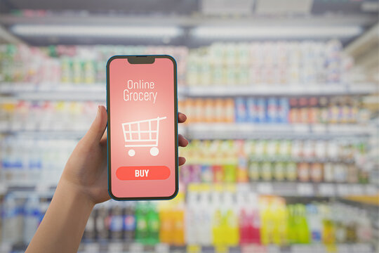 hand  holding mobile with grocery online on screen with blur supermarket background. 3D illustration