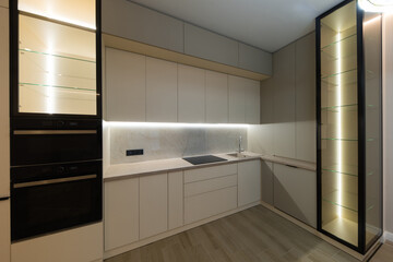 Modern kitchen in the interior of a new apartment in beige tones
