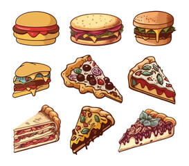 Hamburger, sandwich and pizza slice collection. 