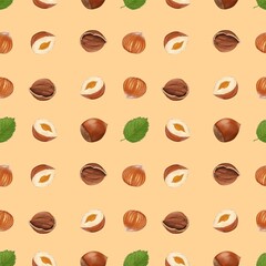 Obraz premium Seamless pattern with the image of peeled hazelnuts, whole in shell, peeled halves and green leaves of hazelnuts on a light yellow background, digital hand-drawing.
