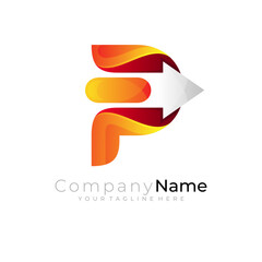 Arrow logo and letter P design, orange color, 3d - obrazy, fototapety, plakaty