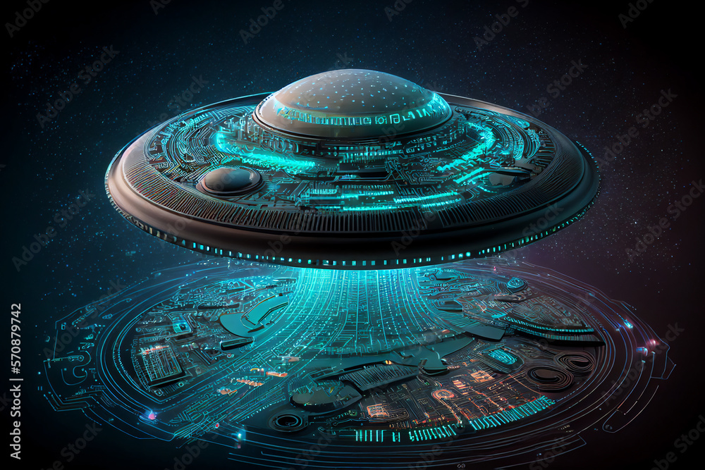 Wall mural ufo flying saucer spaceship from outer space which is an alien craft to planet earth, computer gener