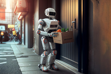 Humanoid robot courier delivery service, delivering groceries to a customer, outlining a technology automation business industry of the autonomous future, computer Generative AI stock illustration - obrazy, fototapety, plakaty