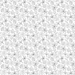 Pattern with doodle leaves. Seamless pattern with 8 types of leaves. Cartoon black and white illustration.