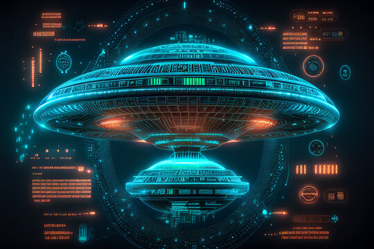 UFO flying saucer spaceship design from outer space which is an alien craft to planet Earth, computer Generative AI stock illustration image