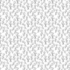 Seamless pattern with 4 flower abstracts. Cartoon black and white vector illustration.
