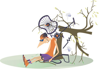 Cyclist man smashed into a tree. 
Upset cyclist sitting near the broken bicycle. Isolated on white illustration
