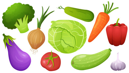 Set of vegetables. Healthy food concept. Collection of farm vegetables. Vector colorful elements in cartoon style for menu, brochures, apps.