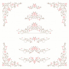 Set of floral borders and corners.  Classic decorative element with pink flowers