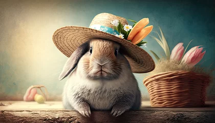 Foto op Aluminium hare wearing a straw hat © StockMedia
