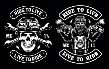Set of a biker patch with skull on a motorcycle on a dark background