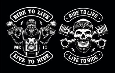 Set of a vector biker patch with skeleton on a motorcycle