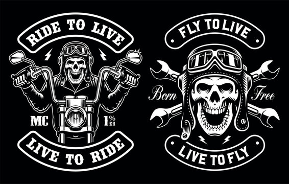 Set of a skull biker patch on a dark background 