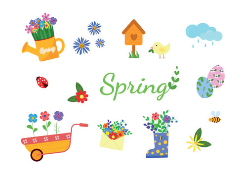 Spring set, hand drawn elements  flowers, birds, wreaths, quotes and other. Vector illustration.