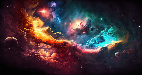fantastic multicolored outer space with stars, constellations, galaxies, planets and nebulae. Generative AI