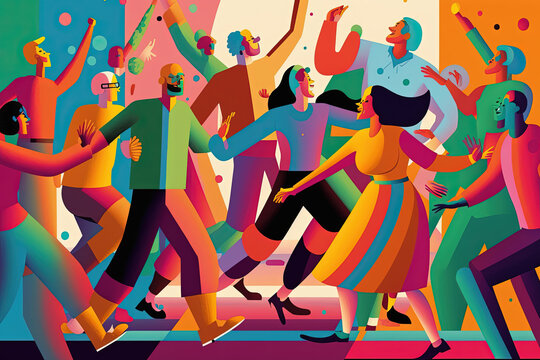 Stylish young people dancing in nightclub, colorful, flat design