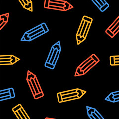 Black seamless pattern with colorful outline pencil.