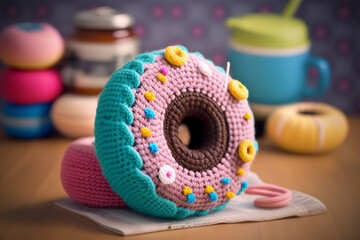 knitting art illustration donut for photos in cafes, restaurants, dining rooms, colorful, realistic