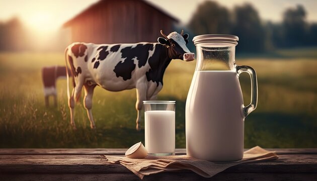 milk bottle with glasses of milk with farm background, generative Ai