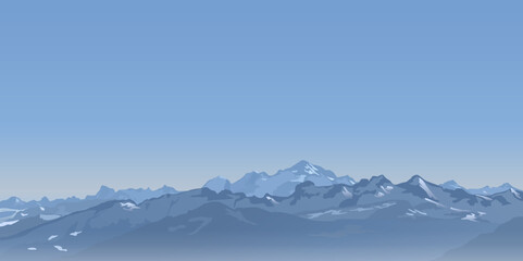 Paysage de montagne, montrant une vue panoramique sur la chaîne des Alpes avec son point culminant, le Mont-Blanc. - obrazy, fototapety, plakaty