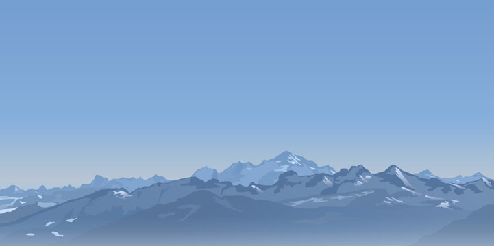 Paysage de montagne, montrant une vue panoramique sur la chaîne des Alpes avec son point culminant, le Mont-Blanc.