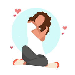 Vector colourful illustration of young woman hugging herself for love and care isolated on white background