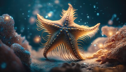 Obraz na płótnie Canvas Starfish underwater on a ocean floor, cushion starfish underwater on a sandy ocean floor. Tropical sea underwater starfish on coral reef, Landscape