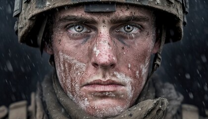 Fototapeta premium Portrait of caucasian male soldier, looking at camera. Generative AI illustration.
