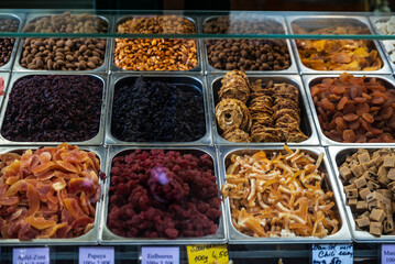 Nuts and candied fruit shop in Naschmarkt, Vienna, Austria