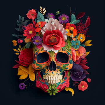 High contrast image of sugar skull used for dia de los muertos day of the dead celebration.