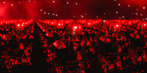 Fototapeta na wymiar Spooky robots with glowing red neon eyes. Robots have turned against humans 3d render