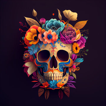 High contrast image of sugar skull used for dia de los muertos day of the dead celebration.