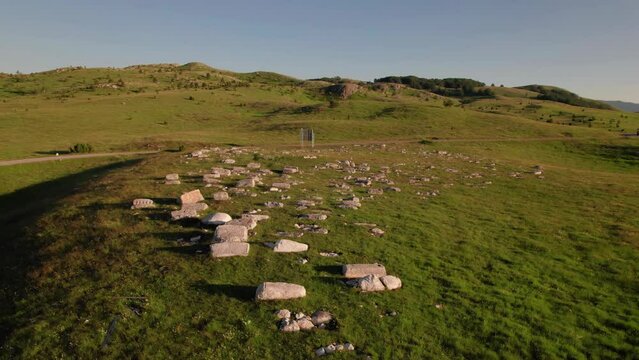 Ancient Illyrian Tombstones on the Tourist Route of Zabljak. Megalithic Stone Graves. Anticko Ilirsko Groblje kod Ribljeg Jezera. Kamene Grebnice