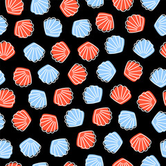 Black seamless pattern with blue and red seashell