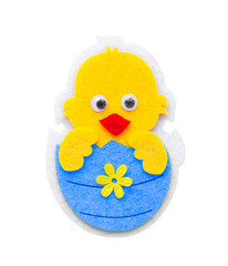 - Easter symbolism, a felt chick hatched from a blue Easter egg. High quality photo