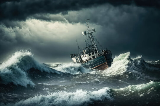 fishing boat navigating during a storm. Thunder, rain big waves on the ocean. Black boat setting sails on rough water, sea. Digital artwork, painting. (ai generated)