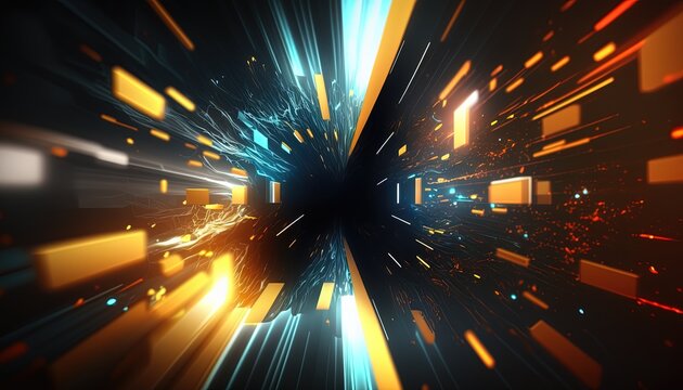 yellow gold blue abstract background, metaverse and technology, laser and geometric theme abstract background, light glow in dark space, Generative Ai