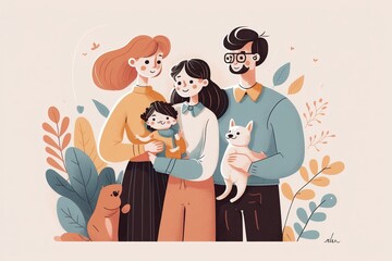 a minimalist illustration of a happy loving family with kids, portrait in pastel colors