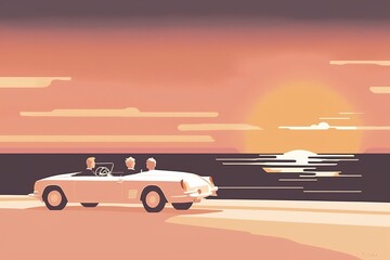 Fototapeta na wymiar a Valentine's couple in love on vacation, driving into the sunset on the coastline in a convertible, pastel colors