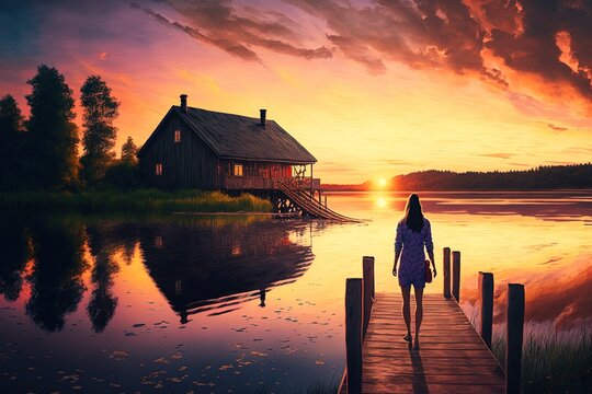 A Woman Stands On The Dock Of A Summer Cottage Just Before She Jumps Into The Lake At Sunset. Generative AI