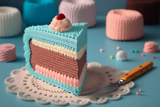 art illustration of knitting cake shapes suitable for photos in cafes, restaurants, dining rooms, colorful, realistic