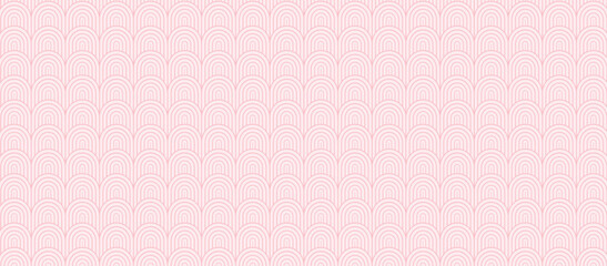 Decorative soft pink wallpaper with rainbows. Delicate, light-toned pattern with semicircles. Poster for accent wall with arches. Wall decor and mural for nursery. Vector background.  © blossomstar