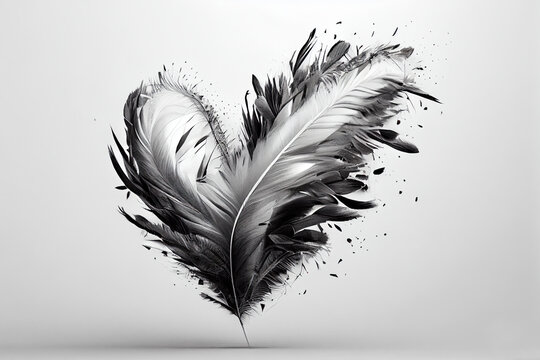 Heart with feathers in black and white. drawing of a heart made of feathers flying in the wind. Generative AI.