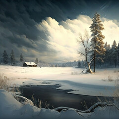 
winter landscape, house, snow, illustration - Generative AI