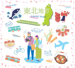 日本の東北地方の春のグルメ観光を楽しむシニア夫婦、アイコンのセット（フラット）