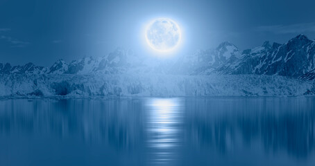 Knud Rasmussen Glacier near Kulusuk - Greenland, East Greenland - Night sky with blue moon in the...