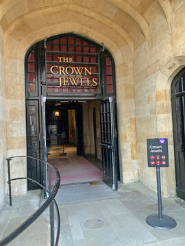Entrance to the Crown Jewels which are housed in the Tower of London The objects include coronation regalia and vestments worn by British monarchs inc. the crown which will be worn by King Charles III