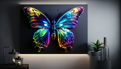 large mural of a butterfly in rainbow colors, color gradient