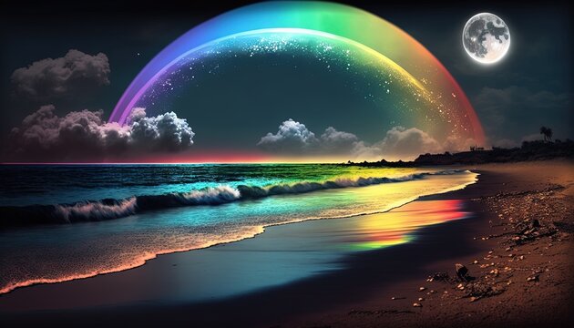  a painting of a rainbow over the ocean with a full moon in the sky above the ocean and a beach below it with waves and a full moon in the sky.  generative ai