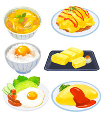 卵料理　イラストセット　オムライス　親子丼　卵かけご飯　卵焼き　目玉焼き